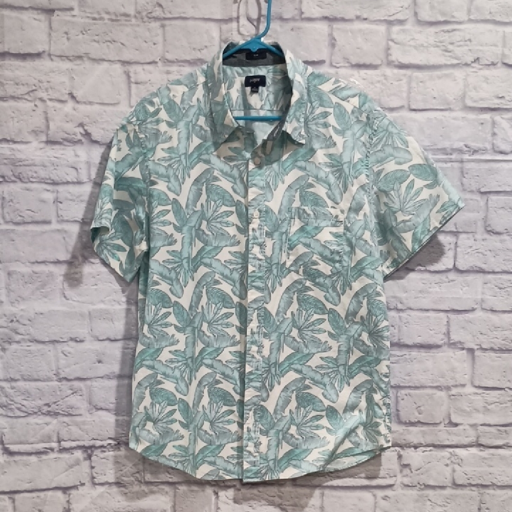 J. Crew Green and White Botanical Casual Shirt